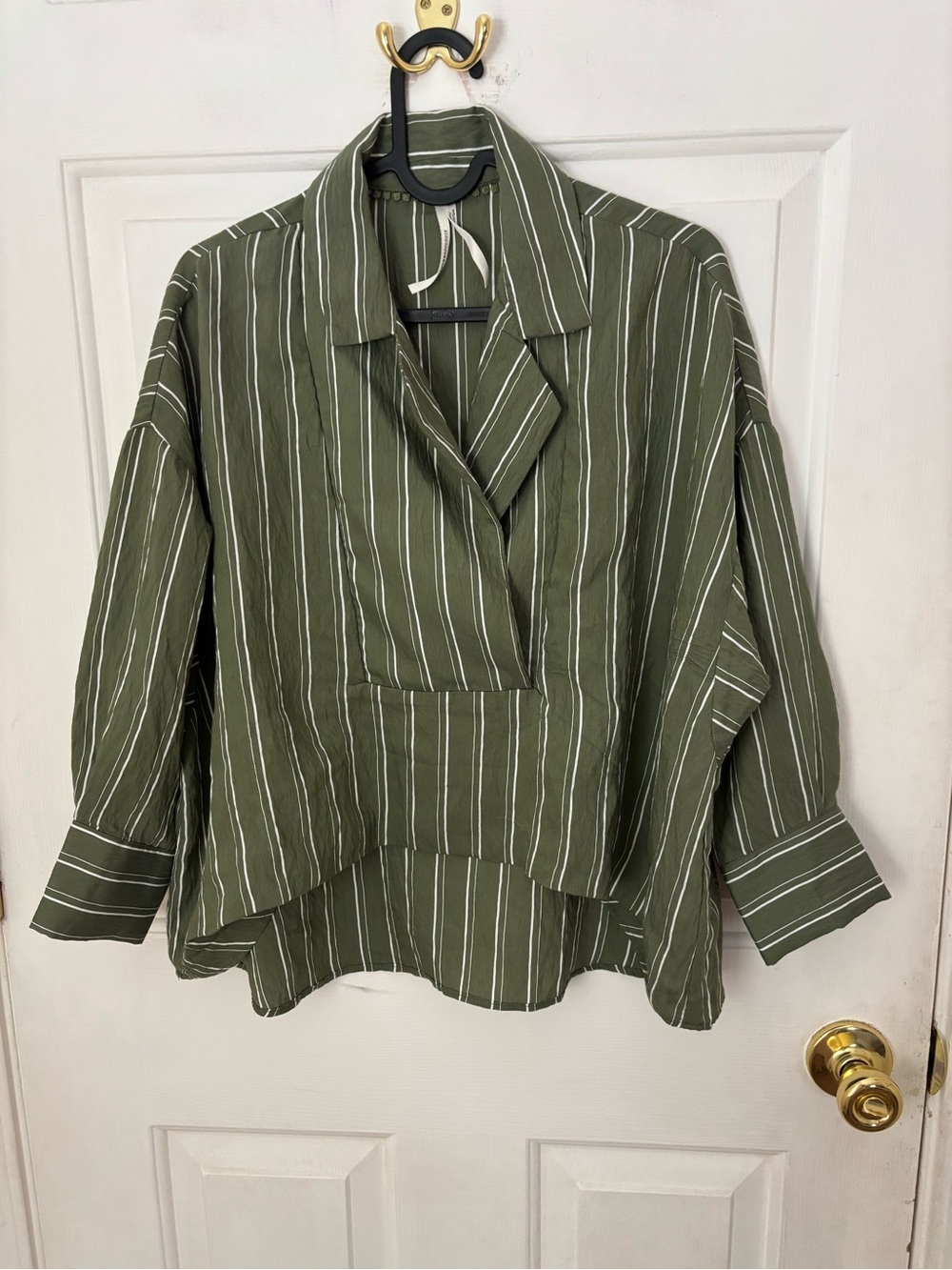 Anthropologie Olive Green & White Striped Button-Down Blouse oversize
